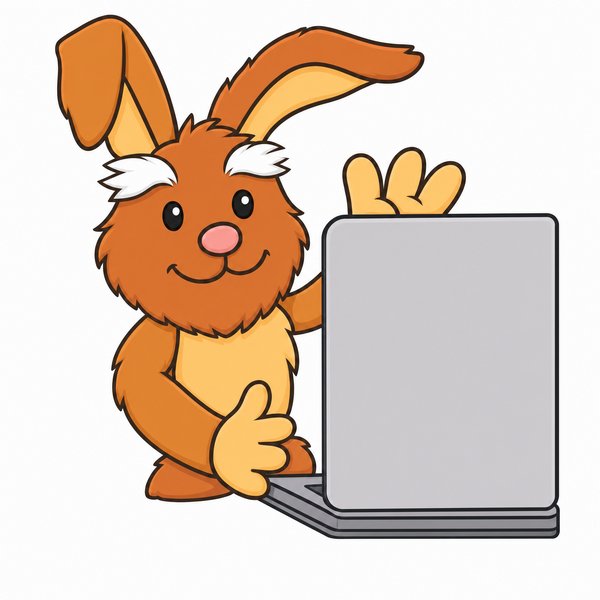 Chester the Rabbit, an orange-brown rabbit leaning on a grey laptop (playbill drawing)