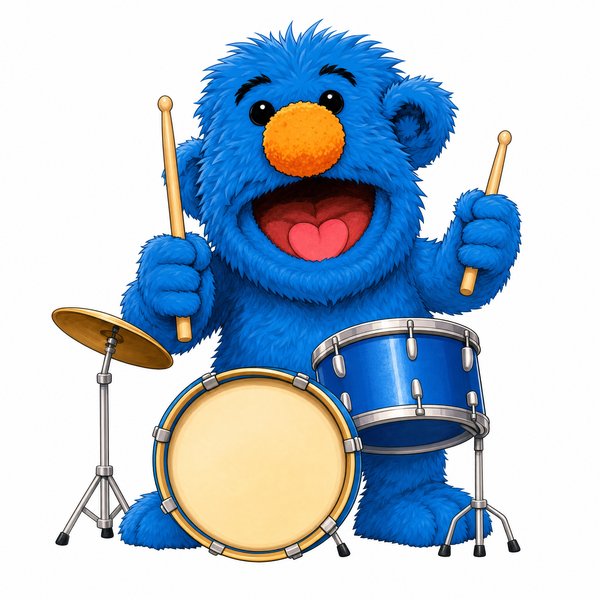 Julius, a blue shaggy puppet with an orange nose, playing a blue glitter drum kit (band poster art)