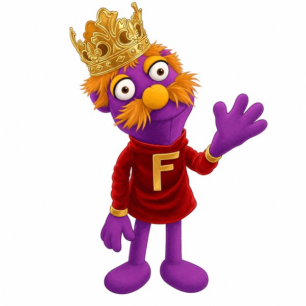 King Floyd, a purple puppet in a gold crown and a red velvet shirt with a gold F (photo of the real puppet)