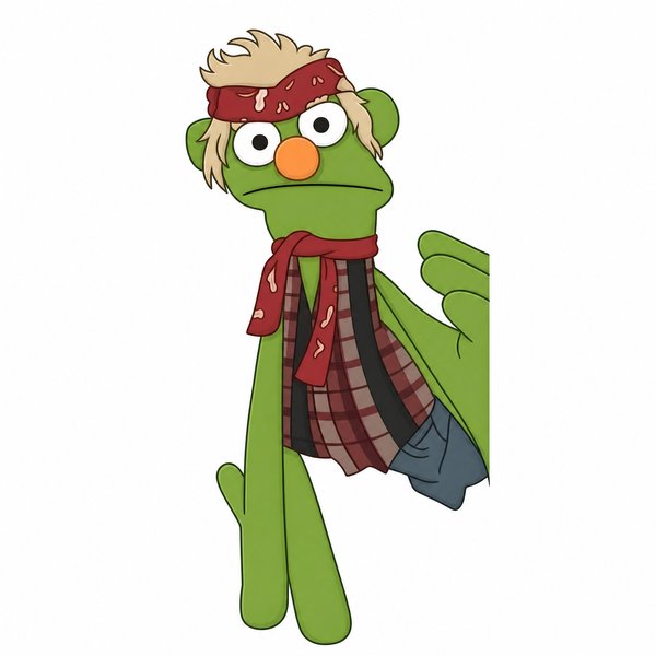 Parker J. Willowby, a green puppet with a red bandana headband and a red plaid scarf (playbill drawing)