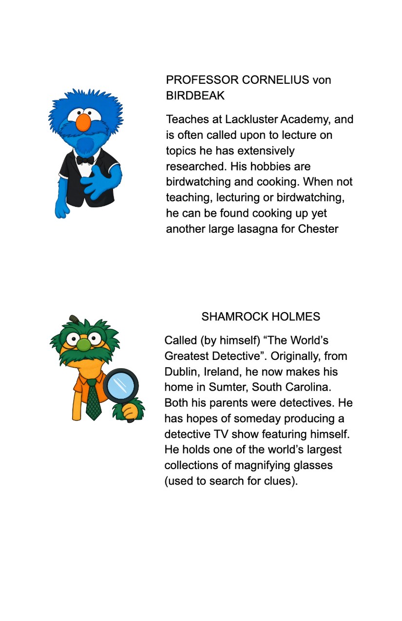 Show 2 playbill, inside right page: Professor Cornelius von Birdbeak and Shamrock Holmes
